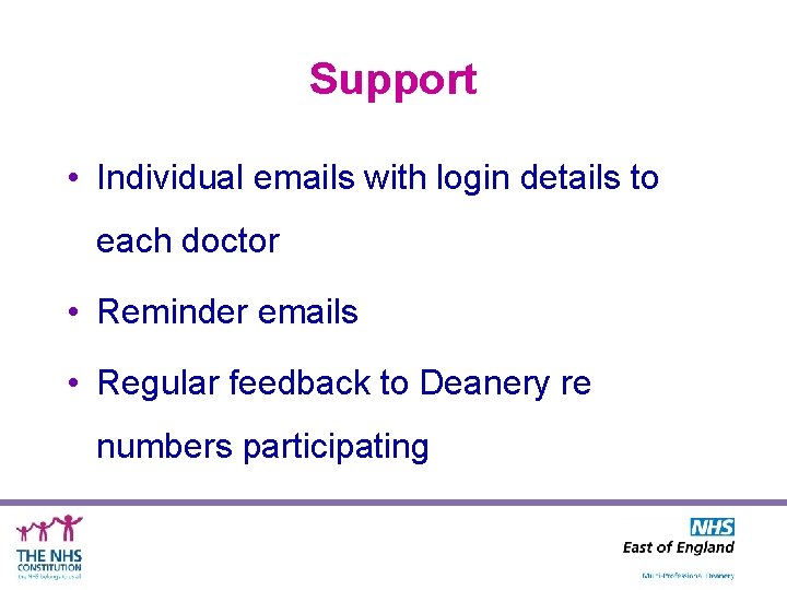 Support • Individual emails with login details to each doctor • Reminder emails •