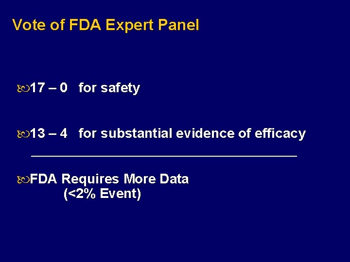 Vote of FDA Expert Panel 17 – 0 for safety 13 – 4 for