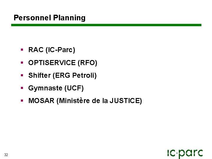 Personnel Planning § RAC (IC-Parc) § OPTISERVICE (RFO) § Shifter (ERG Petroli) § Gymnaste Personnel Planning § RAC (IC-Parc) § OPTISERVICE (RFO) § Shifter (ERG Petroli) § Gymnaste