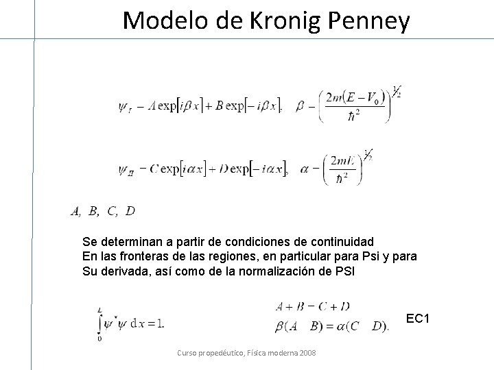 Modelo de Kronig Penney Se determinan a partir de condiciones de continuidad En las