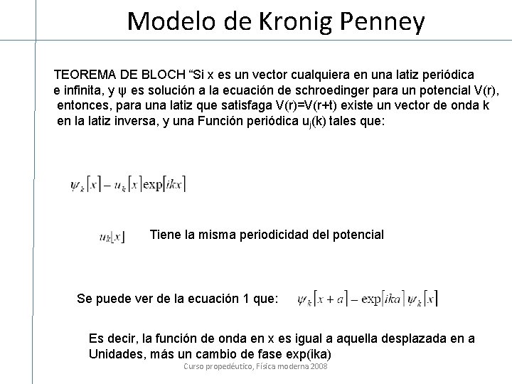 Modelo de Kronig Penney TEOREMA DE BLOCH “Si x es un vector cualquiera en