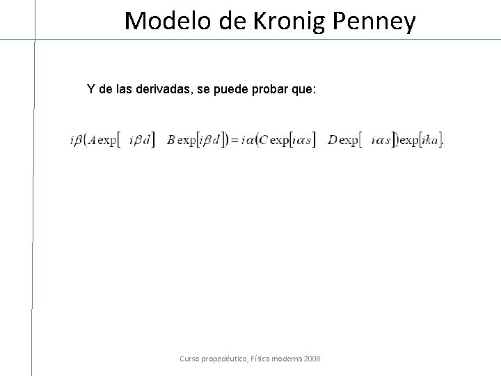 Modelo de Kronig Penney Y de las derivadas, se puede probar que: Curso propedéutico,