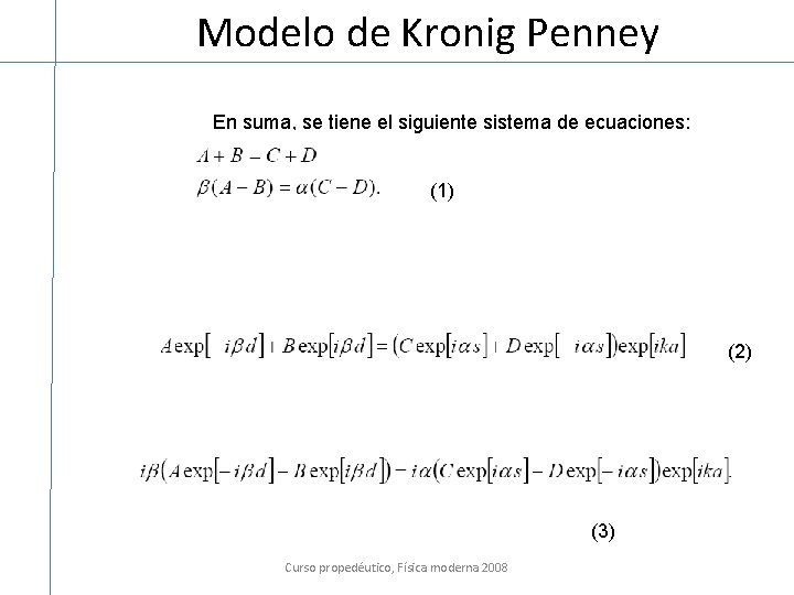 Modelo de Kronig Penney En suma, se tiene el siguiente sistema de ecuaciones: (1)