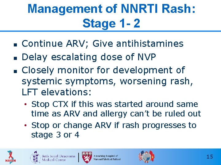 Management of NNRTI Rash: Stage 1 - 2 n n n Continue ARV; Give