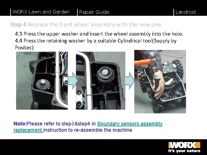 WORX Lawn and Garden Repair Guide Landroid Step 4 Replace the front wheel assembly