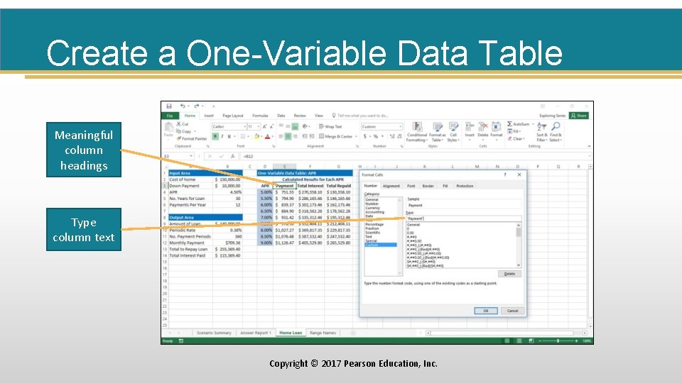 Create a One-Variable Data Table Meaningful column headings Type column text Copyright © 2017