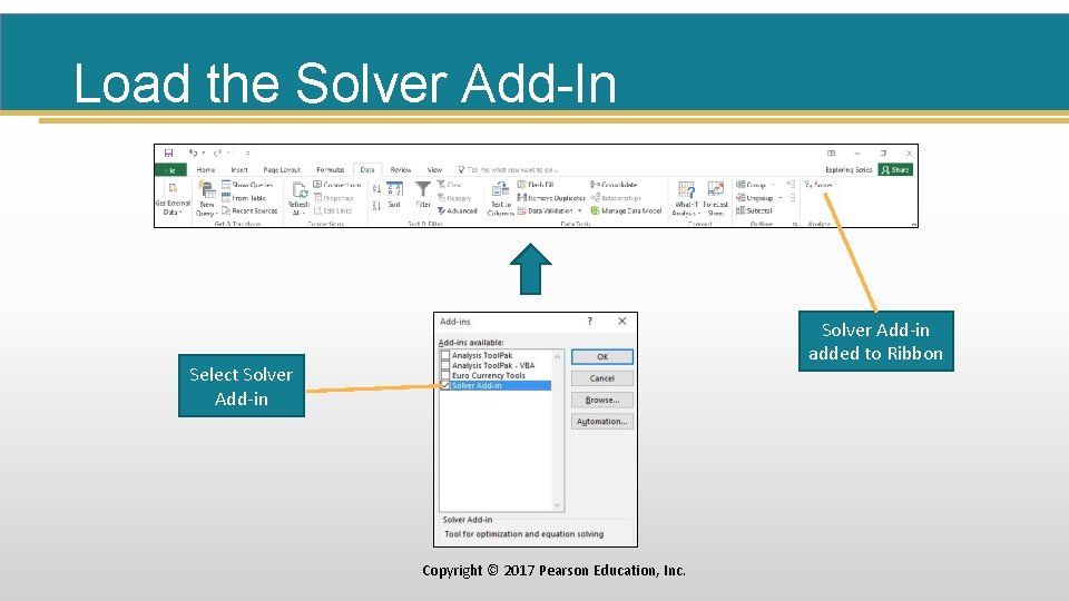 Load the Solver Add-In Solver Add-in added to Ribbon Select Solver Add-in Copyright ©