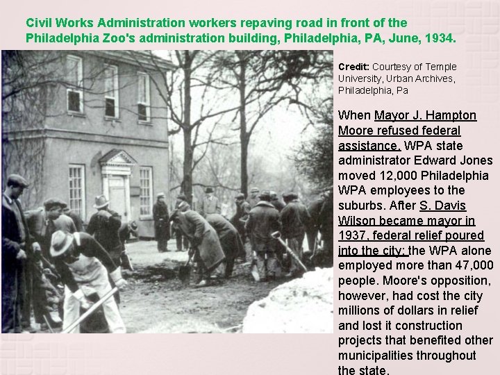 Civil Works Administration workers repaving road in front of the Philadelphia Zoo's administration building,