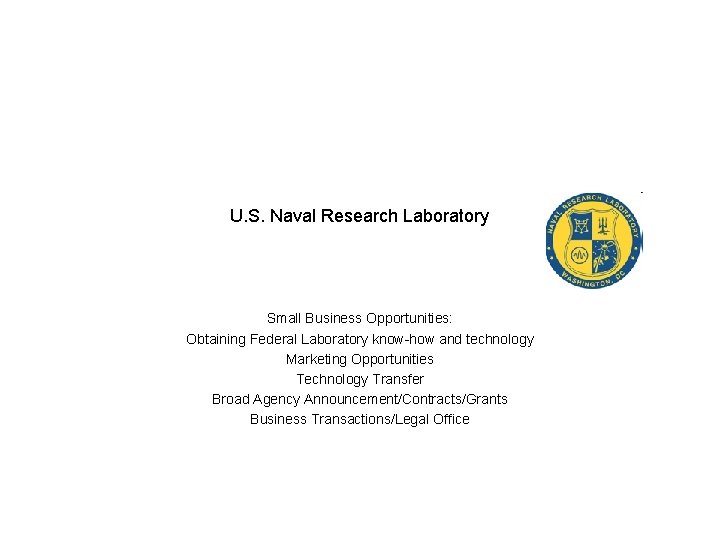U. S. Naval Research Laboratory Small Business Opportunities: Obtaining Federal Laboratory know-how and technology