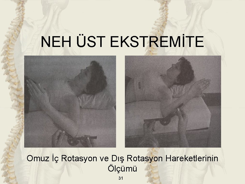 NEH ÜST EKSTREMİTE Omuz İç Rotasyon ve Dış Rotasyon Hareketlerinin Ölçümü 31 NEH ÜST EKSTREMİTE Omuz İç Rotasyon ve Dış Rotasyon Hareketlerinin Ölçümü 31