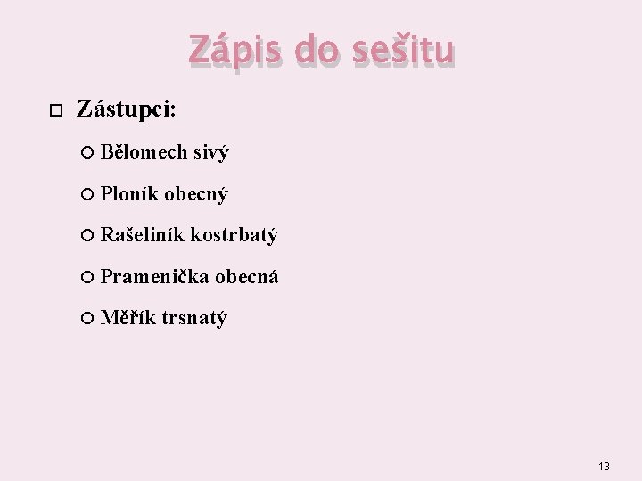 Zápis do sešitu Zástupci: Bělomech Ploník sivý obecný Rašeliník kostrbatý Pramenička Měřík obecná trsnatý