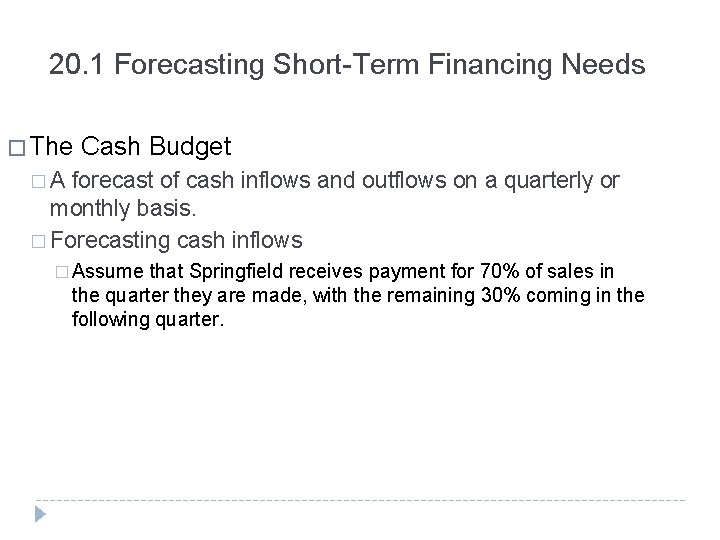 20. 1 Forecasting Short-Term Financing Needs � The Cash Budget � A forecast of