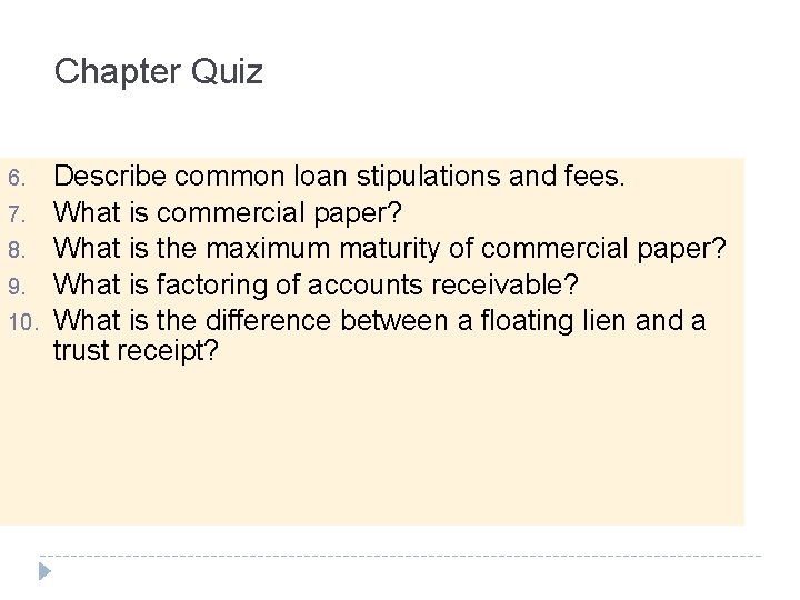 Chapter Quiz 6. 7. 8. 9. 10. Describe common loan stipulations and fees. What