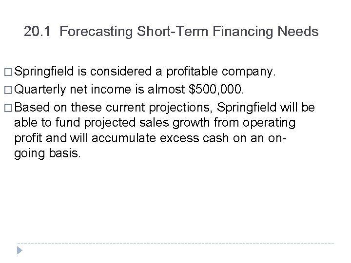20. 1 Forecasting Short-Term Financing Needs � Springfield is considered a profitable company. �