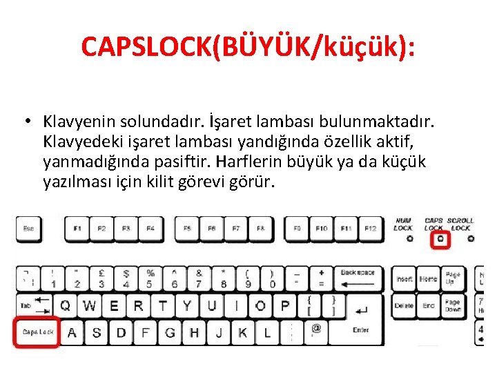 CAPSLOCK(BÜYÜK/küçük): • Klavyenin solundadır. İşaret lambası bulunmaktadır. Klavyedeki işaret lambası yandığında özellik aktif, yanmadığında