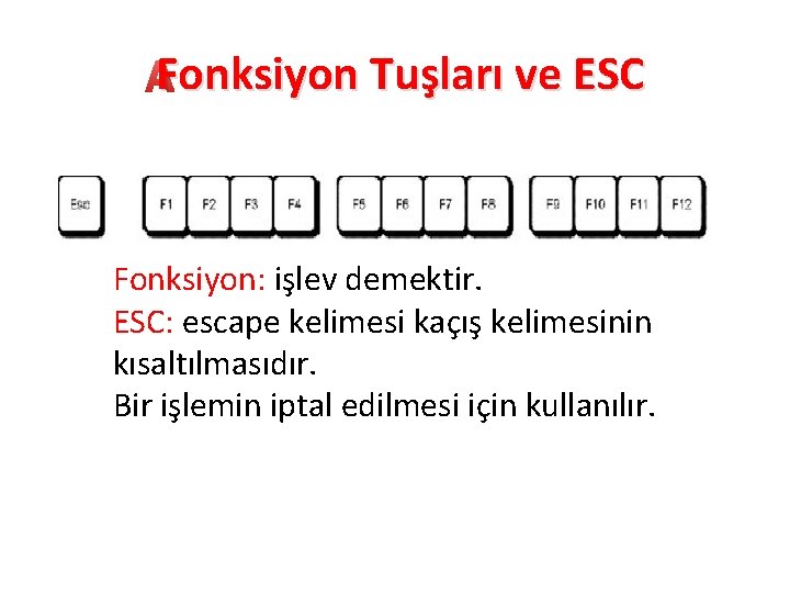 Fonksiyon Tuşları ve ESC Fonksiyon: işlev demektir. ESC: escape kelimesi kaçış kelimesinin kısaltılmasıdır. Bir