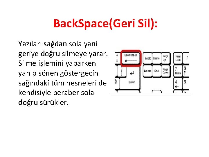 Back. Space(Geri Sil): Yazıları sağdan sola yani geriye doğru silmeye yarar. Silme işlemini yaparken