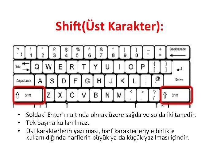 Shift(Üst Karakter): • Soldaki Enter'ın altında olmak üzere sağda ve solda iki tanedir. •