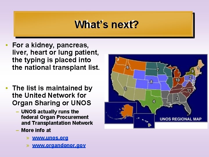What’s next? • For a kidney, pancreas, liver, heart or lung patient, the typing