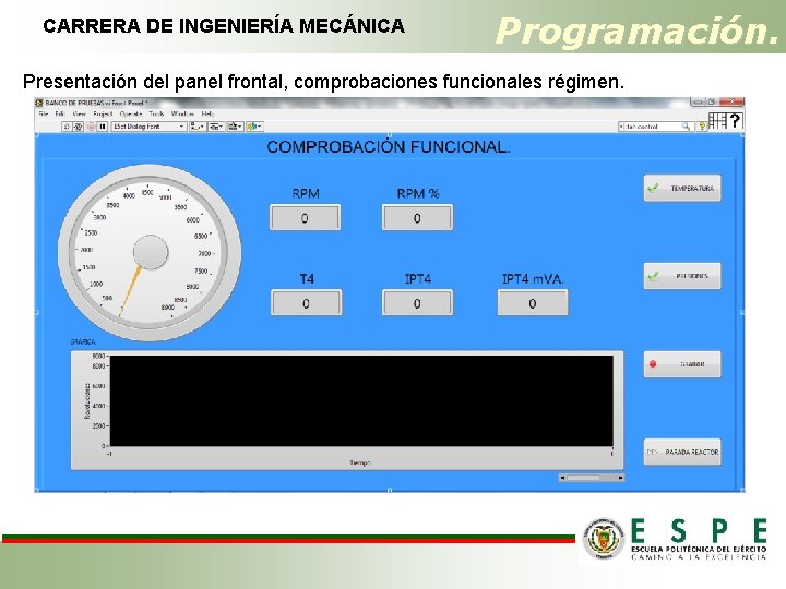 CARRERA DE INGENIERÍA MECÁNICA Programación. Presentación del panel frontal, comprobaciones funcionales régimen. 