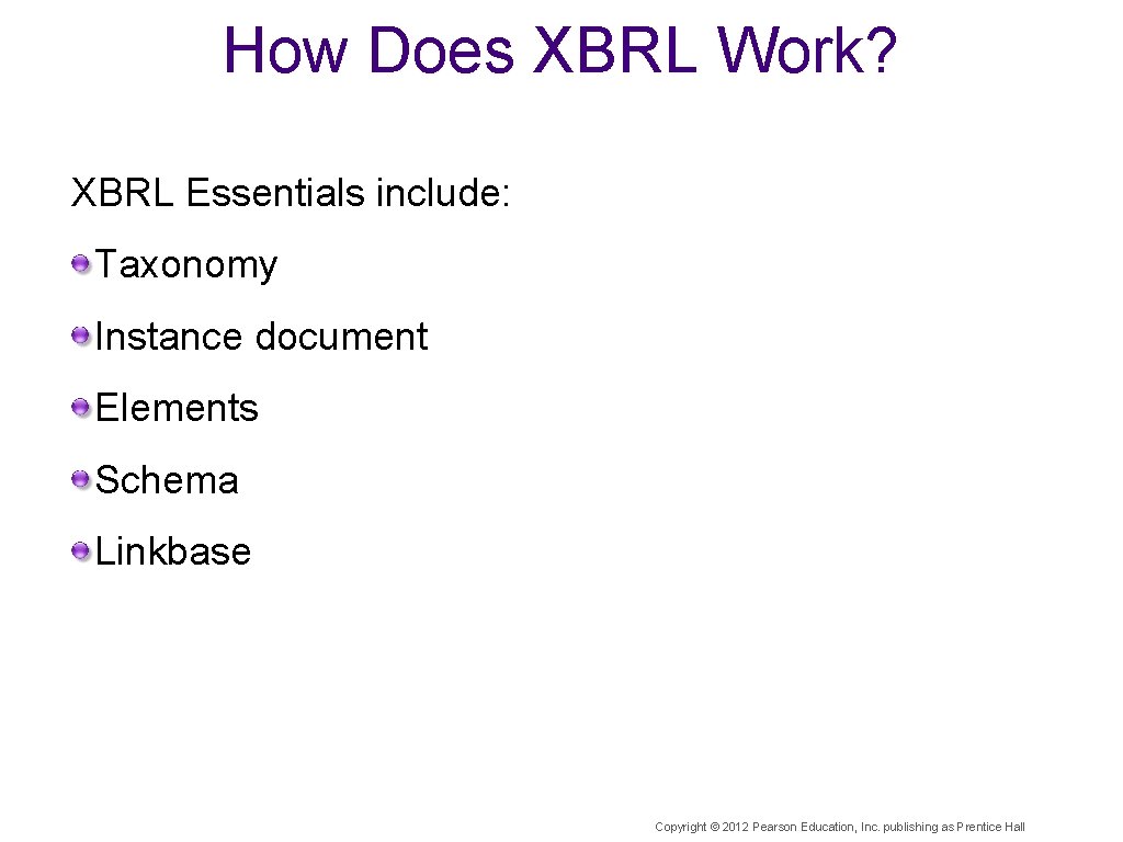 How Does XBRL Work? XBRL Essentials include: Taxonomy Instance document Elements Schema Linkbase Copyright