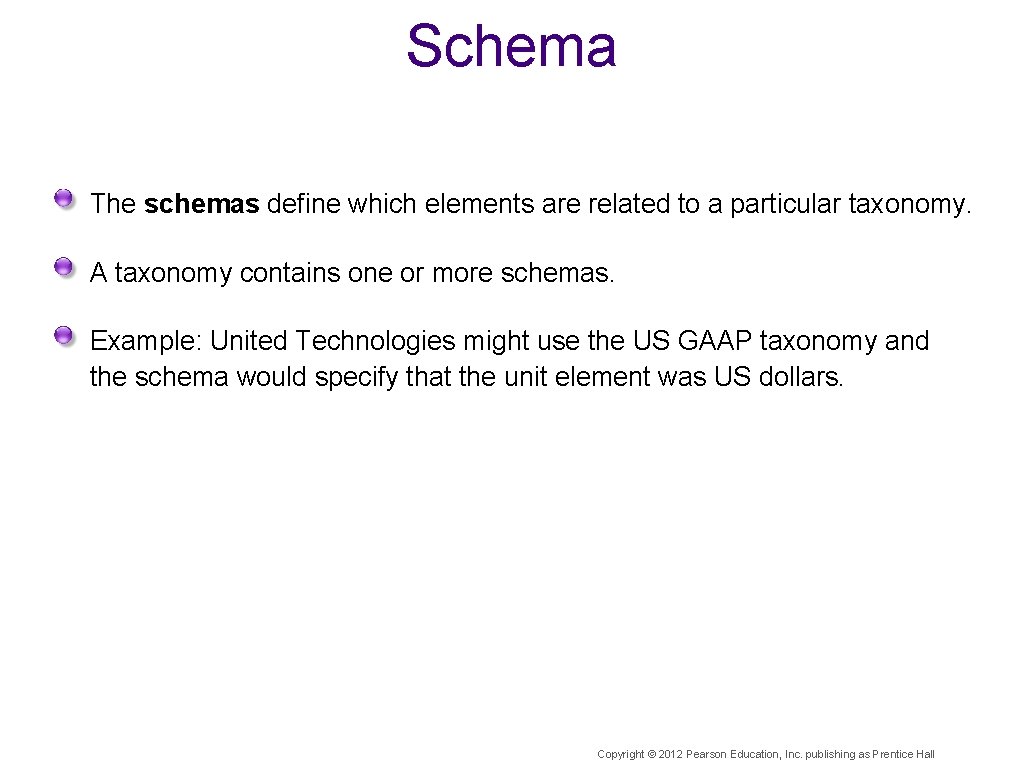 Schema The schemas define which elements are related to a particular taxonomy. A taxonomy