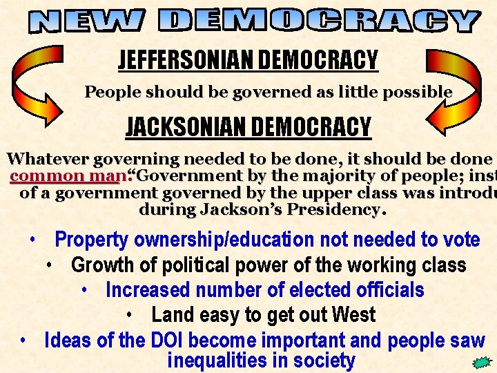 New Democracy JEFFERSONIAN DEMOCRACY People should be governed as little possible JACKSONIAN DEMOCRACY Whatever