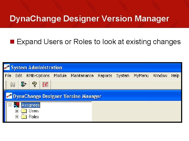 Dyna. Change Designer Version Manager n Expand Users or Roles to look at existing