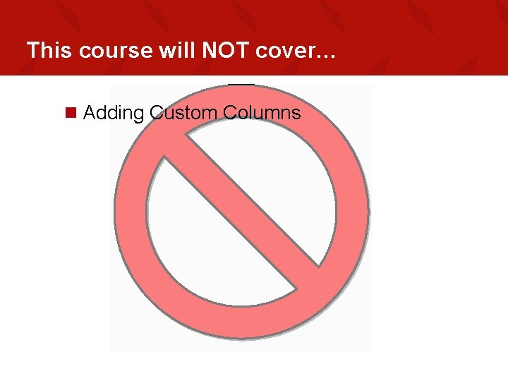 This course will NOT cover… n Adding Custom Columns 
