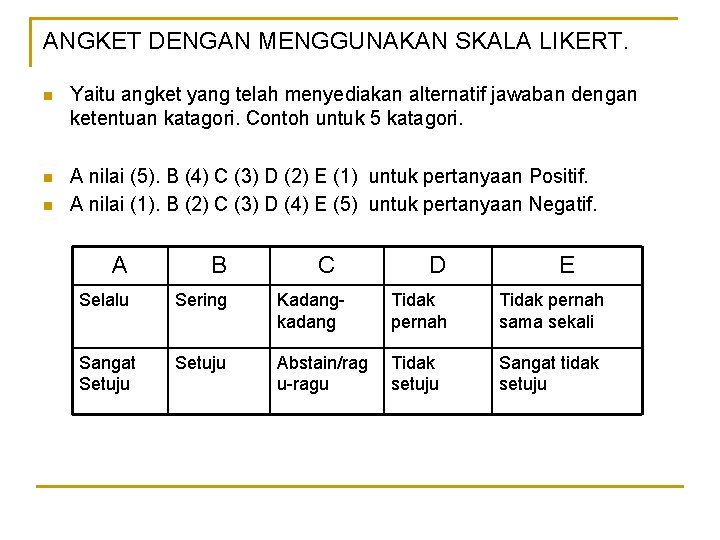 ANGKET DENGAN MENGGUNAKAN SKALA LIKERT. n Yaitu angket yang telah menyediakan alternatif jawaban dengan