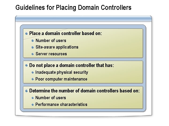 Guidelines for Placing Domain Controllers Place a domain controller based on: Number of users