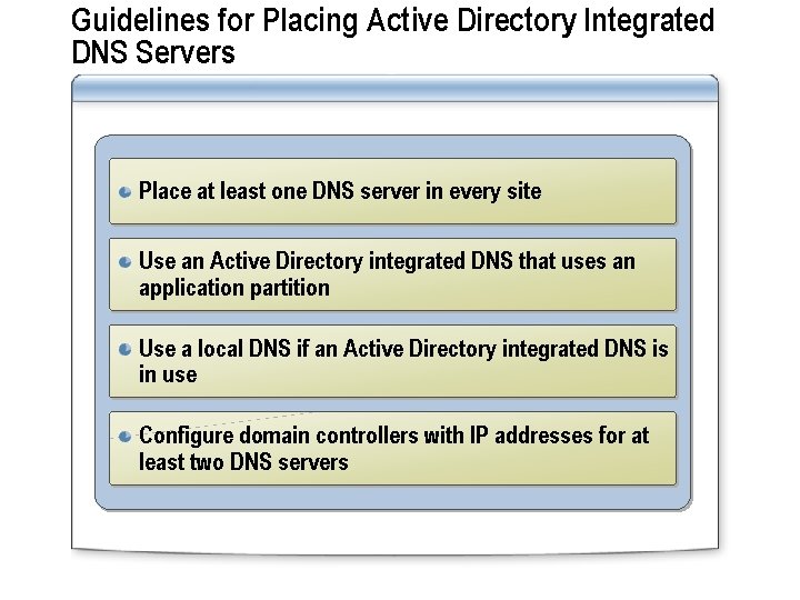 Guidelines for Placing Active Directory Integrated DNS Servers Place at least one DNS server