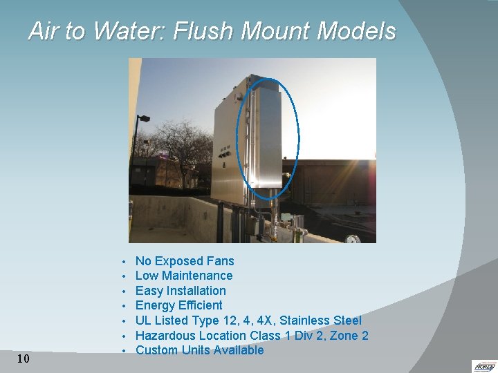 Air to Water: Flush Mount Models 10 • • No Exposed Fans Low Maintenance Air to Water: Flush Mount Models 10 • • No Exposed Fans Low Maintenance