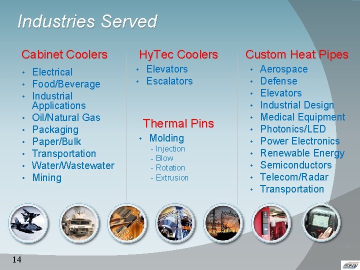 Industries Served Cabinet Coolers • • • Electrical Food/Beverage Industrial Applications Oil/Natural Gas Packaging Industries Served Cabinet Coolers • • • Electrical Food/Beverage Industrial Applications Oil/Natural Gas Packaging