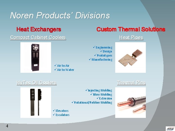 Noren Products’ Divisions Heat Exchangers Custom Thermal Solutions Compact Cabinet Coolers Heat Pipes üEngineering Noren Products’ Divisions Heat Exchangers Custom Thermal Solutions Compact Cabinet Coolers Heat Pipes üEngineering