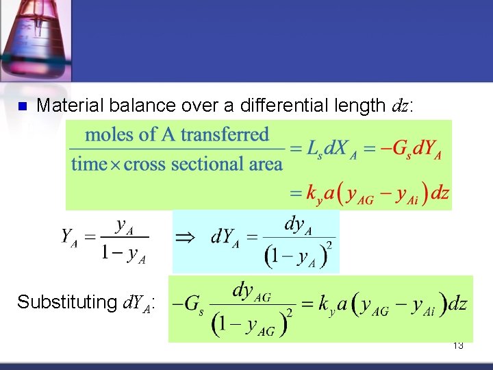 n Material balance over a differential length dz: Substituting d. YA: 13 n Material balance over a differential length dz: Substituting d. YA: 13