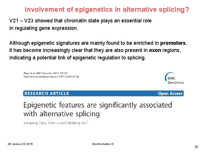 involvement of epigenetics in alternative splicing? V 21 – V 23 showed that chromatin involvement of epigenetics in alternative splicing? V 21 – V 23 showed that chromatin