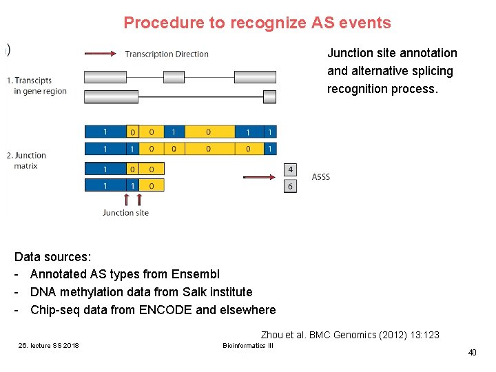 Procedure to recognize AS events Junction site annotation and alternative splicing recognition process. Data Procedure to recognize AS events Junction site annotation and alternative splicing recognition process. Data