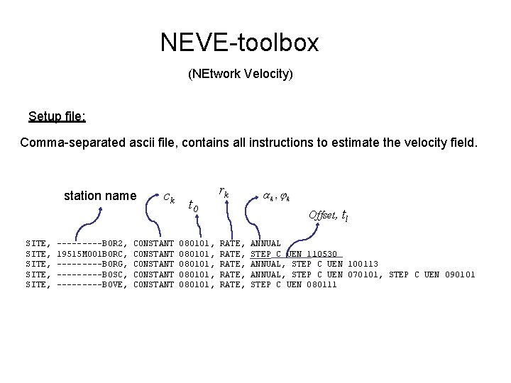 NEVE-toolbox (NEtwork Velocity) Setup file: Comma-separated ascii file, contains all instructions to estimate the