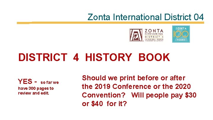 Zonta International District 04 DISTRICT 4 HISTORY BOOK YES - so far we have