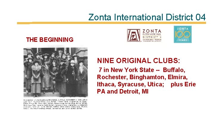 Zonta International District 04 THE BEGINNING NINE ORIGINAL CLUBS: 7 in New York State