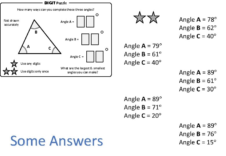 DIGIT Puzzle How many ways can you complete these three angles? Not drawn accurately