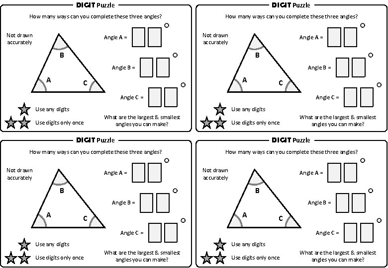 DIGIT Puzzle How many ways can you complete these three angles? Not drawn accurately