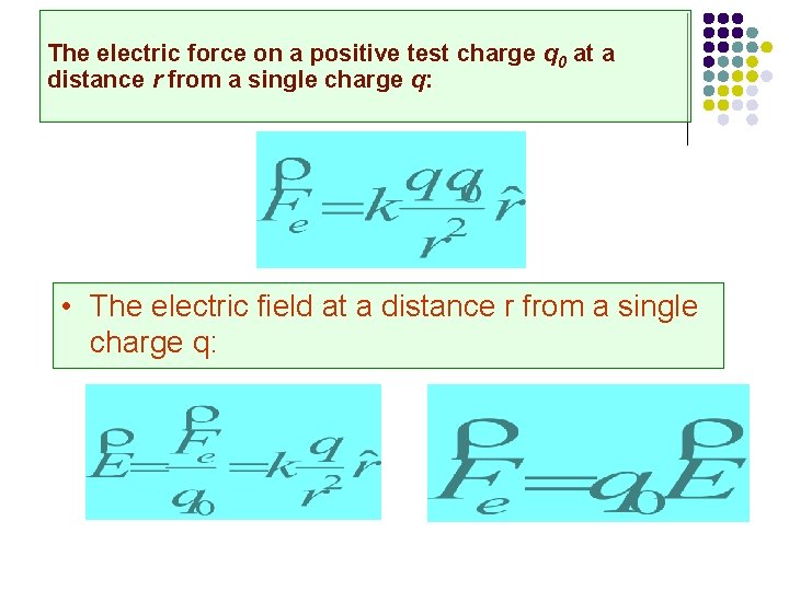 The electric force on a positive test charge q 0 at a distance r