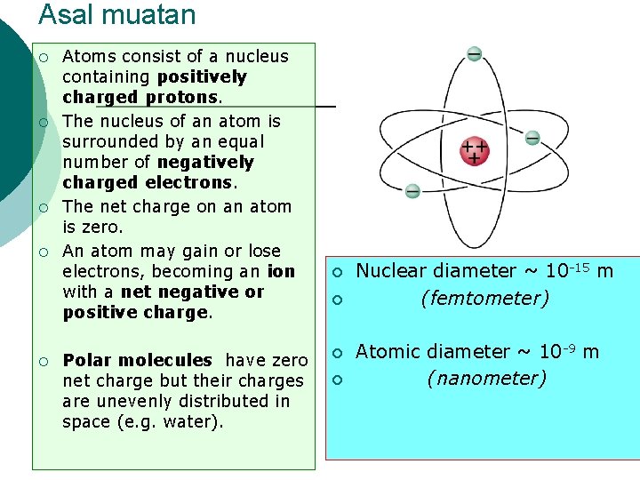 Asal muatan ¡ ¡ ¡ Atoms consist of a nucleus containing positively charged protons.