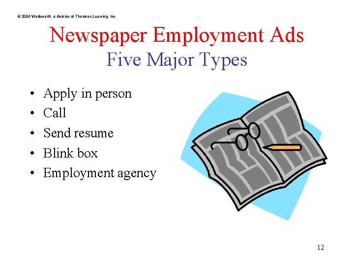 © 2004 Wadsworth, a division of Thomson Learning, Inc Newspaper Employment Ads Five Major