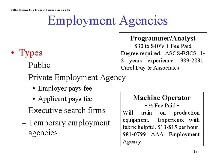 © 2004 Wadsworth, a division of Thomson Learning, Inc Employment Agencies Programmer/Analyst • Types