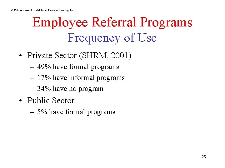 © 2004 Wadsworth, a division of Thomson Learning, Inc Employee Referral Programs Frequency of