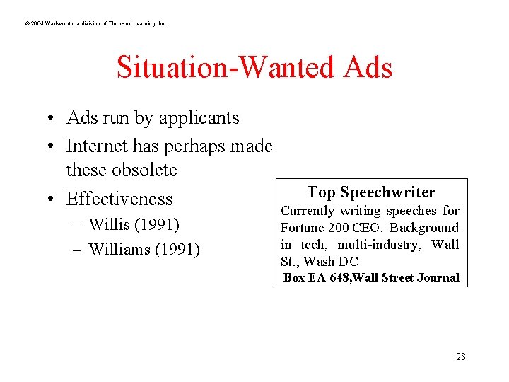 © 2004 Wadsworth, a division of Thomson Learning, Inc Situation-Wanted Ads • Ads run