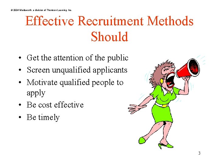 © 2004 Wadsworth, a division of Thomson Learning, Inc Effective Recruitment Methods Should •